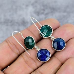 925 Sterling Silver Bohemian Statement <b>Earrings</b> <b>Emerald</b> & Lapis Round Gemstone Wire <b>Earrings</b> Trendy Women's Party Gift - Product Image 4