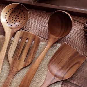 Juego de 5 Cucharas de Madera de Diseño Clásico, Teca Natural Ecológica, Mango Largo, Utensilios de Cocina, Superficie Lisa Antiadherente - Product Image 4