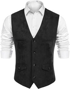 <b>Men's</b> <b>Suede</b> Leather <b>Vest</b> Vintage Cowboy Style Suit <b>Vest</b> Waistcoat With Chest Pockets - Product Image 3