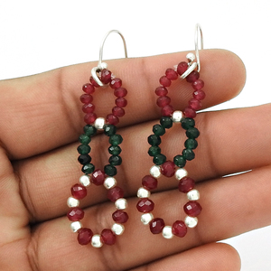 Ruby Emerald Gemstone Beaded Beaded <b>Earring</b> 925 Sterling <b>Silver</b> Custom Size Women Handmade <b>Dangle</b> Gemstone Beaded Hoop <b>Earrings</b> - Product Image 4