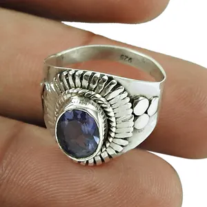 奇妙的Iolite 925实心纯银戒指的天然切割宝石戒指手工批发商印度珠宝供应商