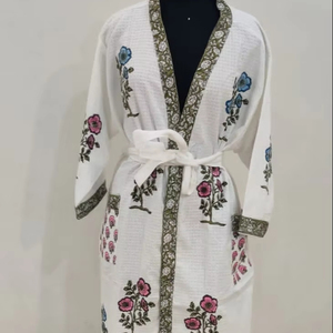 Albornoz de algodón Waffle 100% para Primavera, ligero y de secado rápido con estampado de bloques Bordados florales, estilo de fiesta informal - Product Image 1