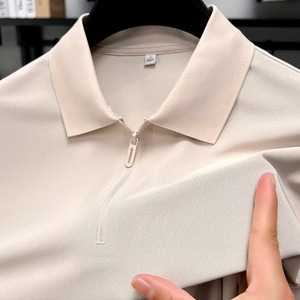 Polo Demi-zip pour Homme Beige Clair Respirant Décontracté Slim Fit Coton Stretch Col Classique Business Casual Tops - Product Image 4