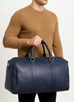 Sac de voyage léger de luxe en cuir véritable bleu marine pour homme, idéal pour le sport, les week-ends, la gym et les séjours d'une nuit, avec intérieur en polyester