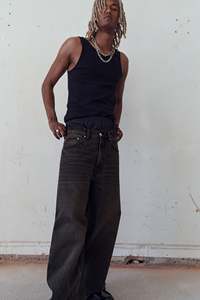 กางเกงผ้าฝ้ายสีดำผ้ายีนส์ทรงหลวมสำหรับผู้ชายกางเกงทรงหลวมขาโค้งมนคุณภาพระดับพรีเมียม - Product Image 3