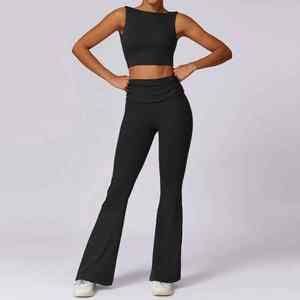 Custom Logo Women's 2-Piece Yoga Set Backless Crop Top & Foldable <b>Flare</b> <b>Leggings</b> for Breathable Gym & Workout - Product Image 3