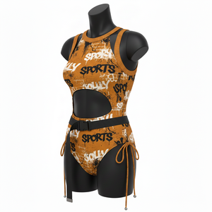 Maillot de bain femme en polyester et élasthanne, marron, noir, blanc, motif graffiti, sublimation, logo personnalisé, style découpé - Product Image 4