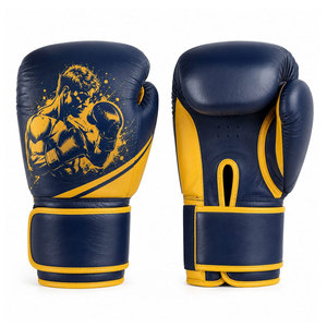 Professional Boxing <b>Gloves</b> <b>Leather</b> <b>Navy</b> Blue Yellow Silk Screen Print Velcro Closure Breathable Adult Training Gear - Product Image 1