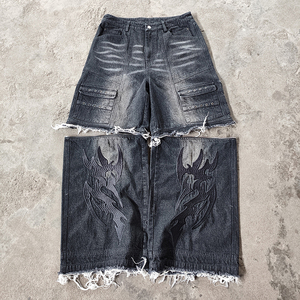 Fabricante de ropa de calle personalizada, pantalones vaqueros apilados Vintage con lavado ácido, pantalones vaqueros para hombre, pantalones vaqueros de calle con diamantes de imitación de cristal para hombre - Product Image 1