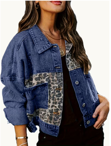 Chaqueta vaquera de mujer estilo camionero con bolsillos de parche de leopardo, manga larga, cuello vuelto, estilo otoñal - Product Image 3