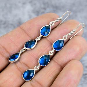 <b>Blue</b> Topaz Three Gemstone Dangle Earrings Handmade 925 Sterling Silver Trendy Statement Drop Earrings for Wedding Party or Gift - Product Image 3