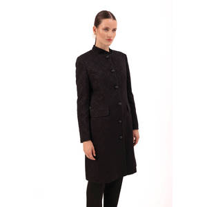 Manteau coréen croisé à col montant pour femme – Doublure respirante en cachemire tissé et nylon, noir à motif intégré - Product Image 2
