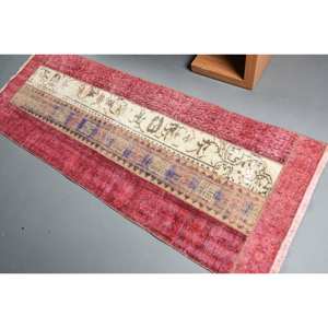 Alfombra de lana Vintage rojo y Beige, 2,5x7,1 pies, Kilim turco, área grande, patrón abstracto, pasillo, rectángulo, respaldo de látex, 10mm para habitaciones - Product Image 4