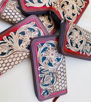 Buatan tangan peralatan ukir bordir wanita Clutch kulit biji-bijian penuh dompet panjang tempat kartu rumbai grosir antik