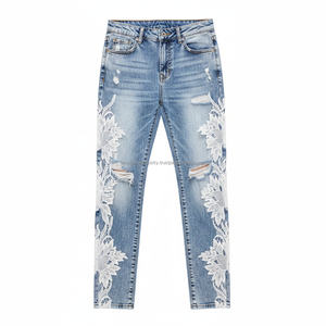 Nueva Tendencia en Jeans de Mezclilla Desgastados para Mujer, con Apliques de Encaje Floral Blanco, Detalle Adelgazante y Transpirable, Pantalones Acampanados Estilo Y2K - Product Image 3