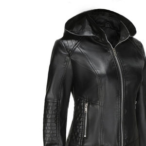 Chaqueta de cuero informal para mujer con capucha desmontable Abrigo ajustado con cremallera con cuello delgado calentado y transpirable - Product Image 5