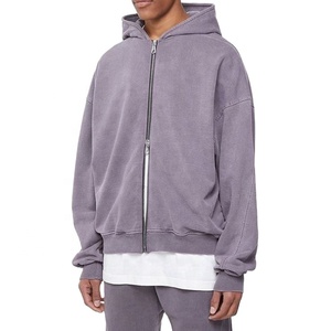 Sweat à capuche pour hommes 100% coton 450gsm fermeture éclair lavage à l'acide sweat à capuche surdimensionné délavé au soleil lavage à l'acide sweat à capuche imprimé vintage - Product Image 3