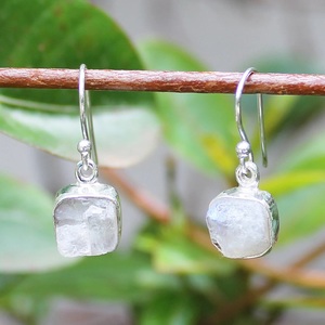 925 Solid Sterling Silver Gold Plated Natural White Raw <b>Moonstone</b> Dangle Drop Earrings Simple Single Rough Cut Gemstone - Product Image 2