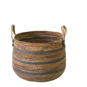 Foldable Straw Woven Storage Basket With Handle Natural Material Woven Basket Collapsible hand woven laundry hamper