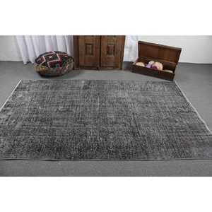 พรมตุรกีขนาด 5.1x8.2 ฟุต, พรมวินเทจ, พรมลายตารางสีเทาทำจากขนสัตว์ - Product Image 3