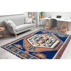 Tapis anatolien patchwork bleu marine, tapis ethnique turc, tapis en laine imprimé non tissé, tapis doux et écologique avec envers en latex - Product Image 1