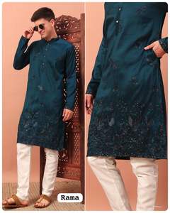 Kurta/Payjama pour homme en soie brodée et ornée de paillettes, séchage rapide, formel, pour les fêtes indiennes et pakistanaises, mariage, toutes saisons - Product Image 4