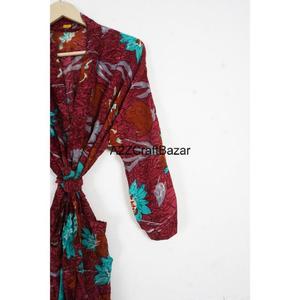 Robe bohème en soie de luxe pour femmes, faite à la main, patchwork, col en V, cordon de serrage, longueur totale, manches trois quarts, douce et respirante - Product Image 3