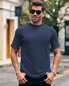 T-shirts d'extérieur personnalisés à col montant bleu marine 100% coton à épaules tombantes, surdimensionnés, lourds, respirants et décontractés - Product Image 6