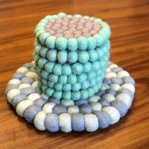 "Set of One 17 cm Felt Ball Trivet and Six 10 cm Felt Ball <b>Coaster</b>"-Handmade Natural Wool <b>Coaster</b> Set Soft Felt <b>Coaster</b> Set - Product Image 1