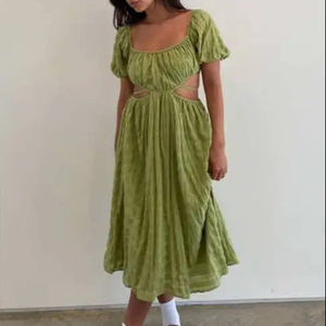 <b>Emerald</b> Grace Midi <b>Dress</b> an Exquisite fusion of Casual Sophistication and Charming Details Crafted From 100% Cotton Puff Details - Product Image 1