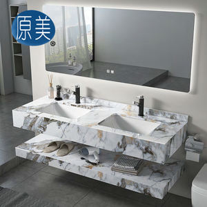Fourniture d'usine Meuble-lavabo moderne en pierre frittée brillante pour salle de bain Meuble-lavabo mural double évier encastré en dalle de marbre Cabinet pour hôtel - Product Image 1