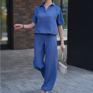 Set sportivo estivo da donna su misura di <span class=keywords><strong>lino</strong></span> <span class=keywords><strong>blu</strong></span> di alta qualità include Polo a maniche corte e pantaloni larghi elastici - Product Image 1