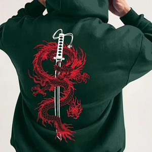 Sweat à capuche imprimé dragon et couteau samouraï japonais d'automne pour homme, haut ample, décontracté, à la mode, chaud et ample - Product Image 2