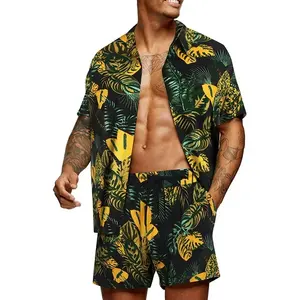 休闲套装男士速干夏威夷沙滩装亚马逊热卖休闲棉麻舒适男士衬衫短裤