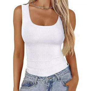 Couleurs doux extensible femmes t-shirts de base sans manches col rond côtelé tricot ajusté débardeurs - Product Image 1