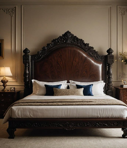 Dark royal bed with a <b>tall</b>, intricately carved <b>headboard</b>, available at wholesale prices - Product Image 1