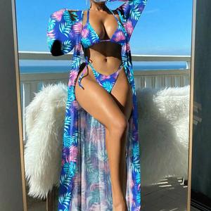 Maillot de bain bikini 2 pièces long pour femme avec paréo en dentelle à pampilles et strass, appliqués, collection 2025, tenue de plage en maille - Product Image 2