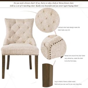 Chaises de salle à manger modernes de luxe, style mi-siècle, élégantes, en tissu beige, avec dossier capitonné et accents cloutés, en caoutchouc massif, mobilier de maison - Product Image 2