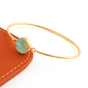 24 chapado en oro redondo forma mohave turquesa de cobre brazalete pulsera ajustable de brazalete abierto pulsera de piedras preciosas joyería de regalo - Product Image 4