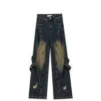 Jeans de mezclilla vintage de cintura media con logo personalizado, efecto levantacola, estilo urbano, hip hop, impermeables, desgastados, con lavado a la piedra y bordados.