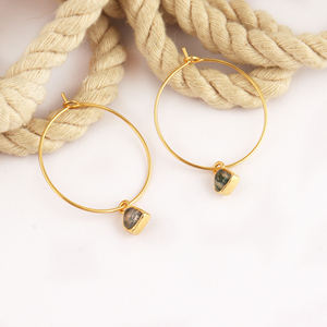 Natural moss agate gemstone <b>hoop</b> earrings <b>large</b> size <b>hoop</b> handmade earring brass 18k gold plating everyday wear earring - Product Image 3