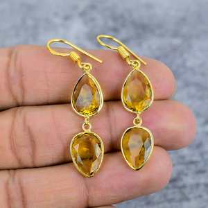 Pendientes de Plata de Ley 925 con Gema de Citrino en Forma de Gota, Pendientes con Bisel Chapado en Oro, Pendientes Finos para Mujer - Product Image 2