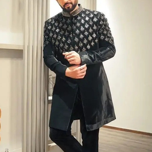2024 dernier concepteur or Zari broderie noir Sherwani pantalon robe à la mode fête mariage tenue faite haute respirant grande taille - Product Image 1