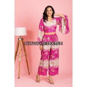 Conjunto de pijama de seda Floral Vintage para mujer de la mejor calidad, Top de manga de campana de 3 vías, pantalón Palazzo, abrigo con lazo frontal, estilo tejido transpirable - Product Image 6