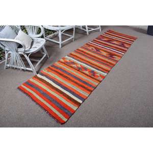 พรมวินเทจขนาด 2.8x10.4 ฟุต, พรมวิ่งสไตล์ตุรกี, พรมลายกราฟิกสีส้มน้ำเงิน - Product Image 1
