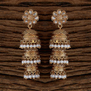 Superbe collection exclusive de boucles d'oreilles Triple Jhumki antiques plaquées or au design impeccable - Product Image 2