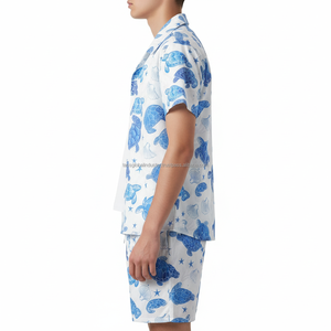 Ensemble personnalisé OEM pour homme avec imprimé tortue - Chemise à manches courtes et short bleu Marine, tenue d'été 2 pièces - Product Image 4