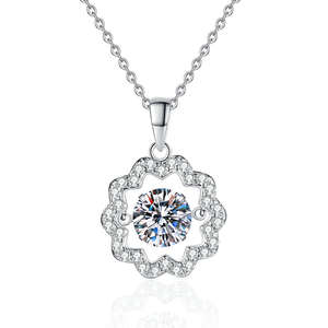 925 Sterling Silver Bling 2 Carat Cut Halo <b>Garland</b> Dancing Moissanite Pendant Necklace Flower Petals Design Engagement Wedding - Product Image 1