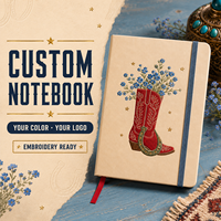 Carnet de notes LABON personnalisé en similicuir crème, motif botte de cowboy brodée, fer à cheval doré, motif « Ne vous oubliez pas », élastique bleu marine et ruban rouge