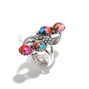 Luxe personnalisé forme ovale naturel rose huître turquoise pierre précieuse artisanat anneau 925 solide Sterling broche réglage anneaux - Product Image 1